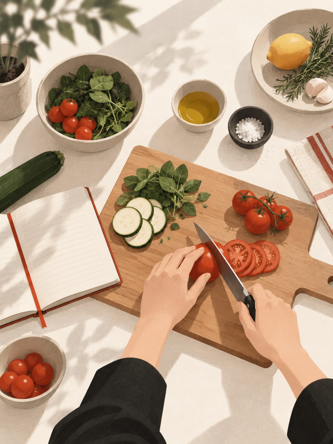 まな板の上で野菜を切る手元と、脇に開かれたノート